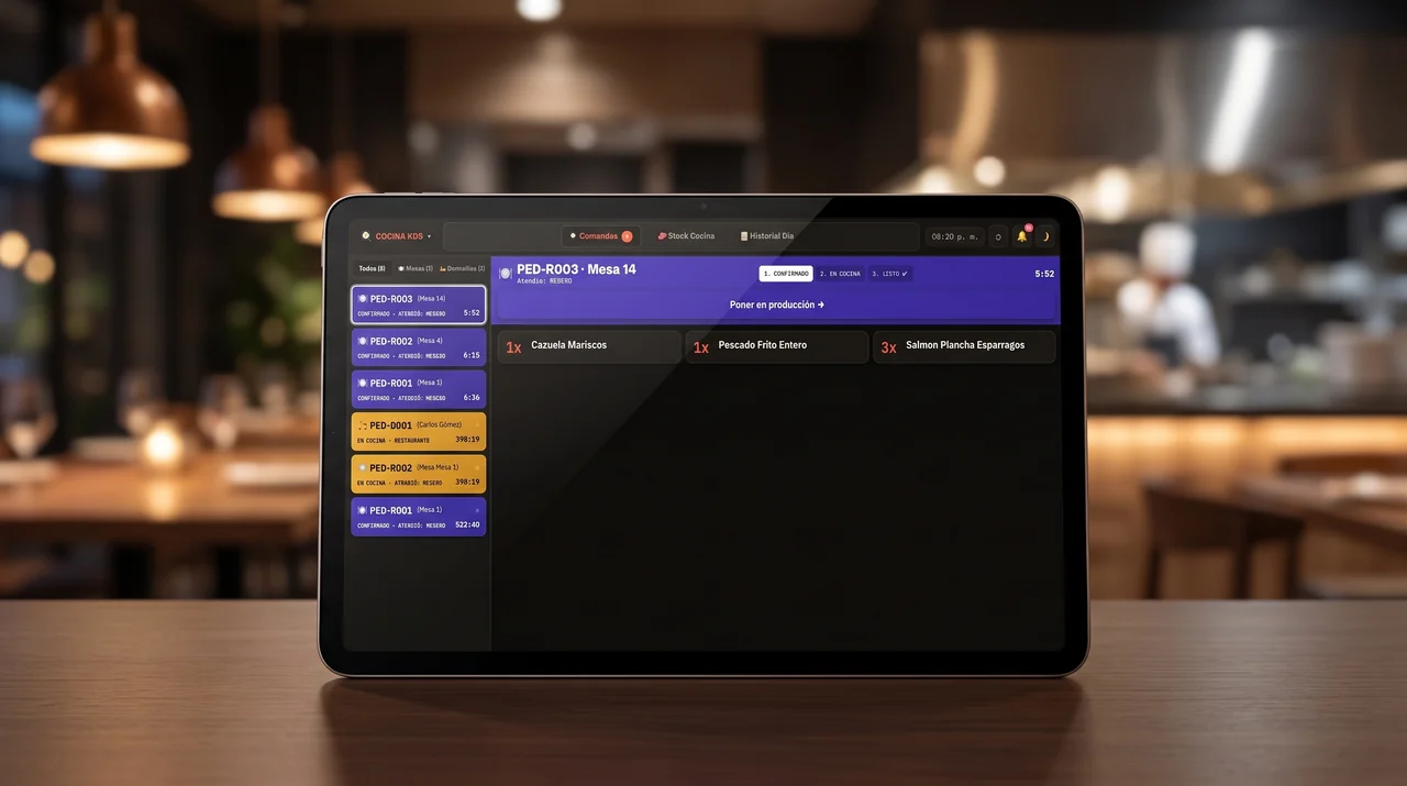 Monitor de Cocina KDS de GastroBar.click en tablet, mostrando comandas en vivo