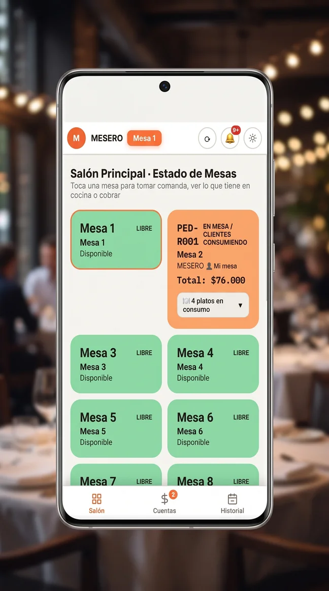 Comandera de meseros de GastroBar.click en celular, mostrando el estado del salón